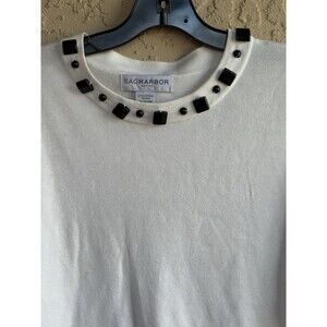 SAG HARBOR Petite PM Medium Off White Crew Jeweled Neck Woman’s 3/4 SL Sweater